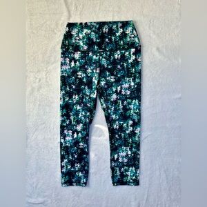 RBX Floral Cropped Athletic Activewear Leggings in Black/Green/Blue Size Medium